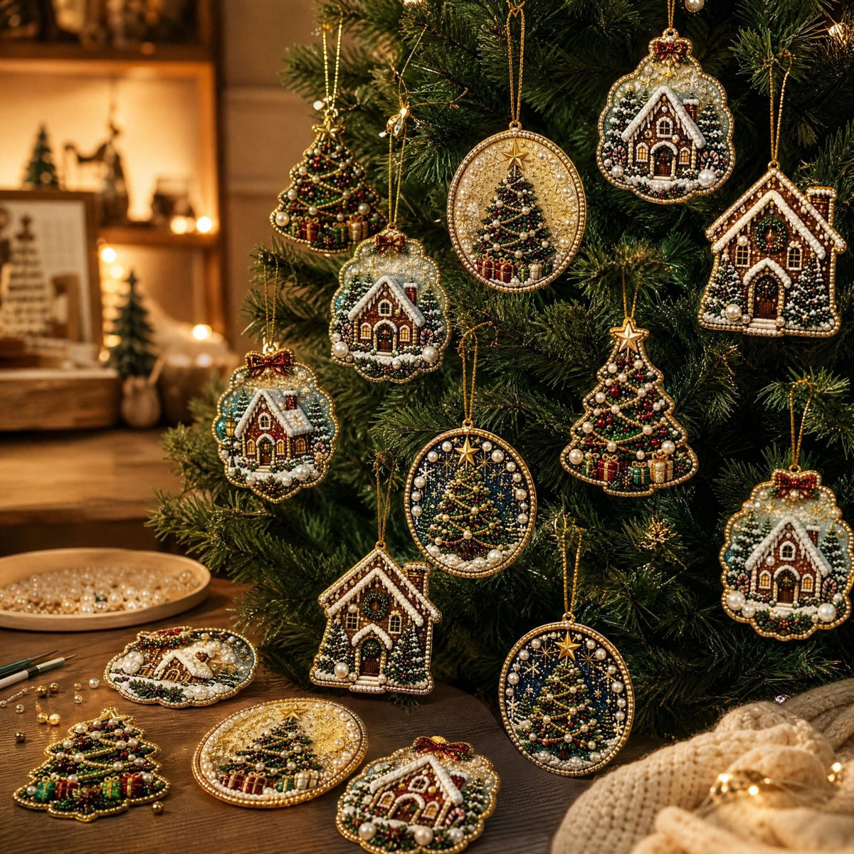DIY Christmas Ornaments for Xmas Tree Hangings- Pearl Art Kits for Adults, Christmas Ornaments Set of 12, 2.76 Inch