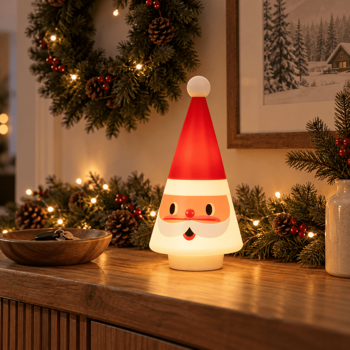 Feledorashia Lighted Santa Figurine, Christmas Tabletop Decoration, 7.87 Inch Cone-Shaped Santa Character Lamp for Mantels Shelves and Entryway Tables, Molded Resin with Internal Light