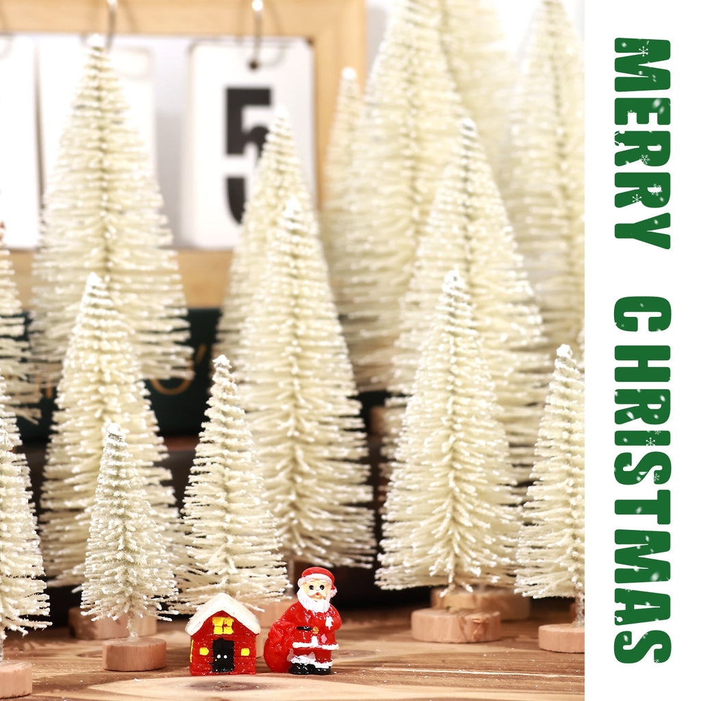 Ayieyill 30PCS Artificial Mini Christmas Trees, Upgrade Sisal Pine Trees with Wood Base Bottle Brush Trees for Christmas Table Top Decor(Green, Gold and Ivory)