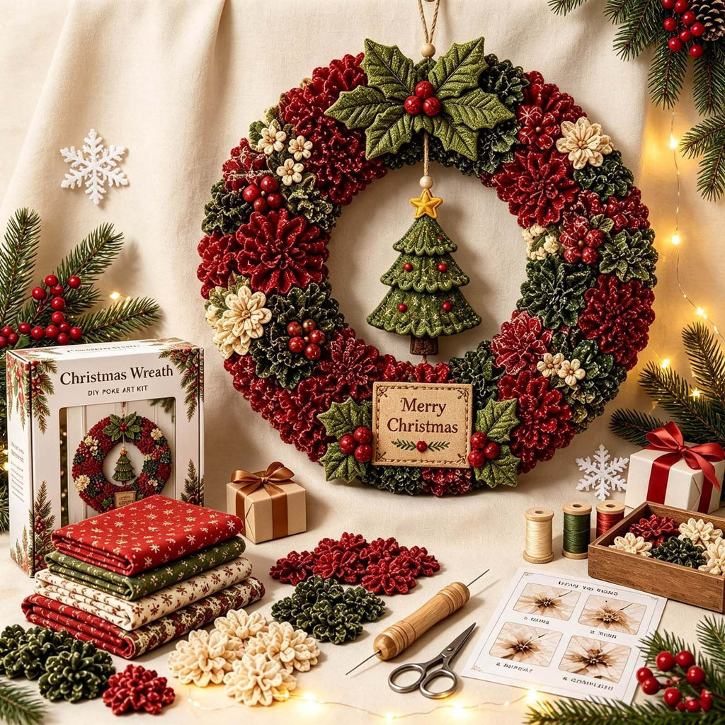 Clearance 3D Christmas Wreath Fabric Poke Art Kit, Jesus Poke Art Kits for Adults, Christmas Wreaths Ornament Making Kit for Front Door