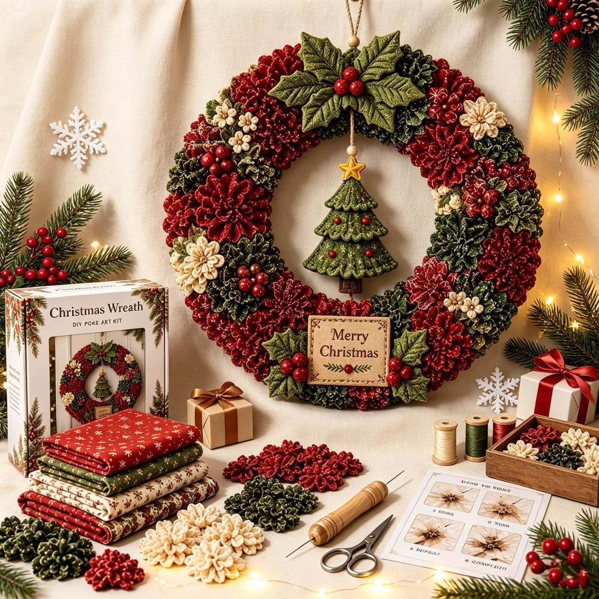 Clearance 3D Christmas Wreath Fabric Poke Art Kit, Jesus Poke Art Kits for Adults, Christmas Wreaths Ornament Making Kit for Front Door