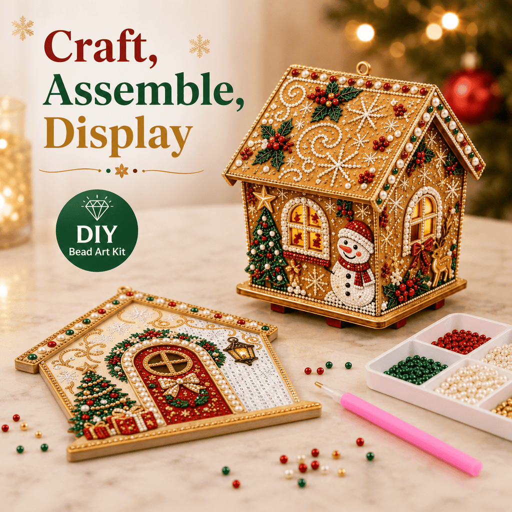 Christmas Pearl Bead Art Kit 3D House Ornament Craft Set For Christmas Tree Tabletop Mantel Shelf And Indoor Winter Holiday Decoration White