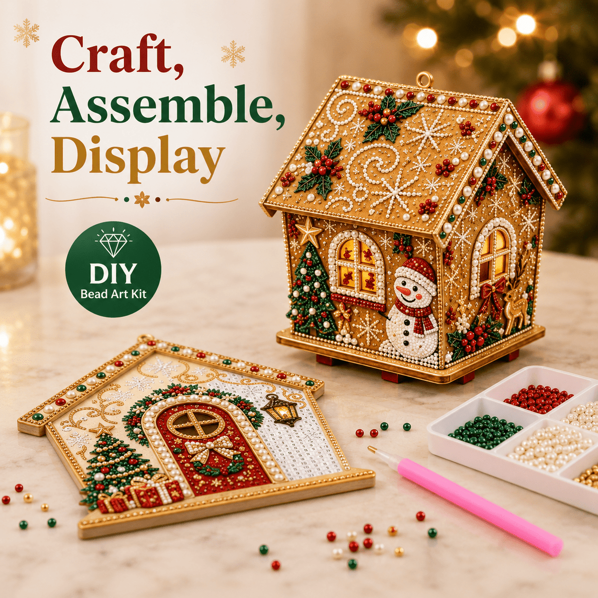 Christmas Pearl Bead Art Kit 3D House Ornament Craft Set For Christmas Tree Tabletop Mantel Shelf And Indoor Winter Holiday Decoration White