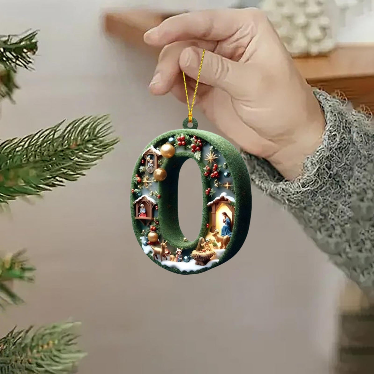 Nativity Scene Letters Ornament, A to Z Alphabet Ornaments for Xmas Tree, Jesus Letters Initial 2D Acrylic Flat Hanging Decoration, The Birth of Jesus Design, Rear view-Christian Gifts for Family (M)