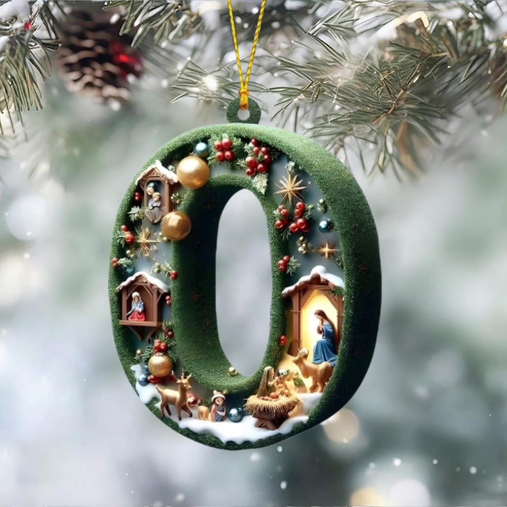 Nativity Scene Letters Ornament, A to Z Alphabet Ornaments for Xmas Tree, Jesus Letters Initial 2D Acrylic Flat Hanging Decoration, The Birth of Jesus Design, Rear view-Christian Gifts for Family (M)
