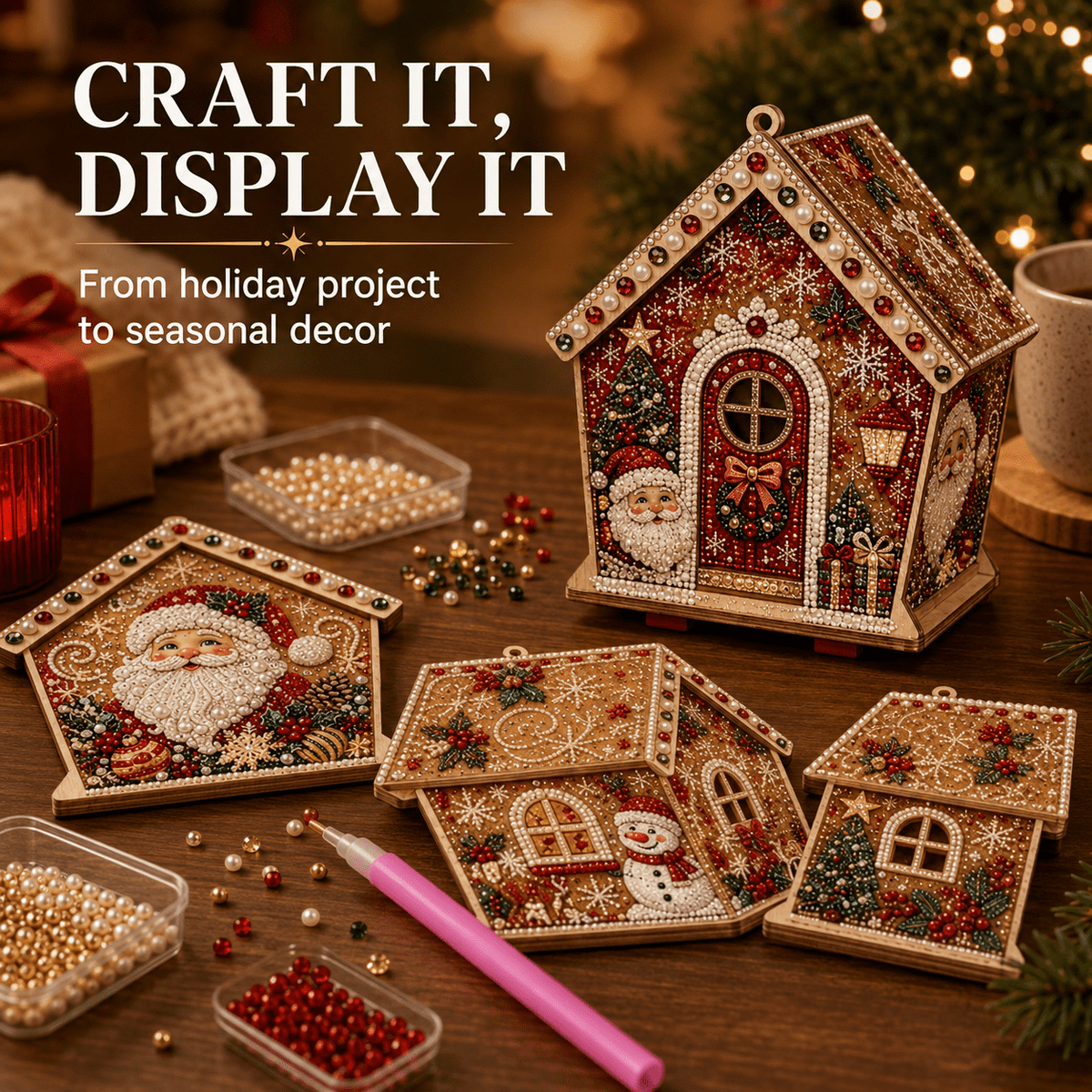 Christmas Pearl Bead Art Kit 3D House Ornament Craft Set For Christmas Tree Tabletop Mantel Shelf And Indoor Winter Holiday Decoration White