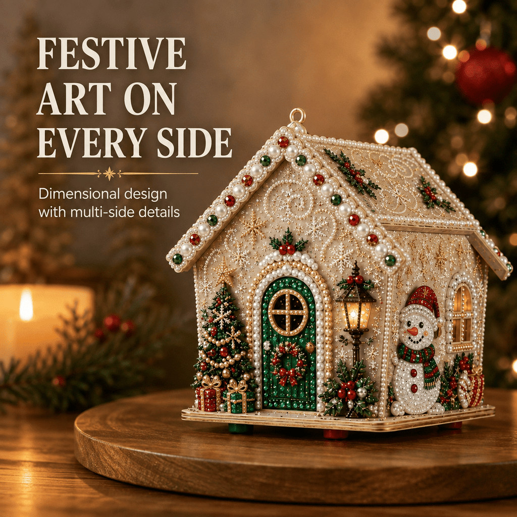 Christmas Pearl Bead Art Kit 3D House Ornament Craft Set For Christmas Tree Tabletop Mantel Shelf And Indoor Winter Holiday Decoration White