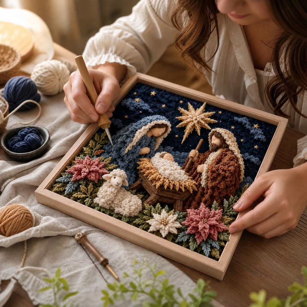Clearance 3D Christmas Wreath Fabric Poke Art Kit, Jesus Poke Art Kits for Adults, Christmas Wreaths Ornament Making Kit for Front Door