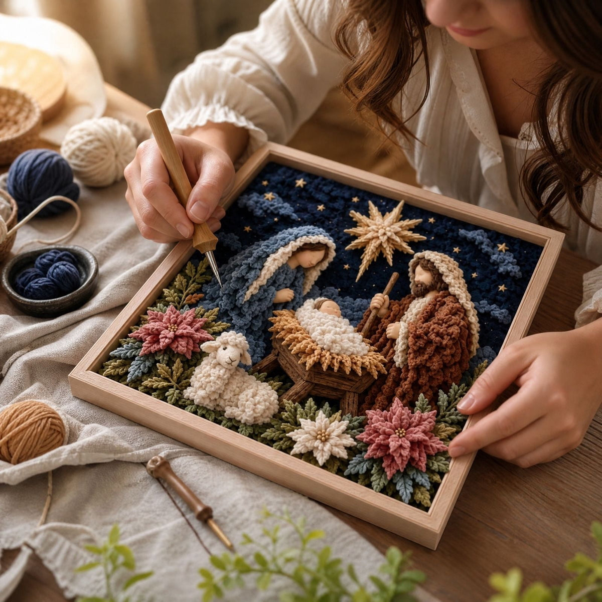 Clearance 3D Christmas Wreath Fabric Poke Art Kit, Jesus Poke Art Kits for Adults, Christmas Wreaths Ornament Making Kit for Front Door