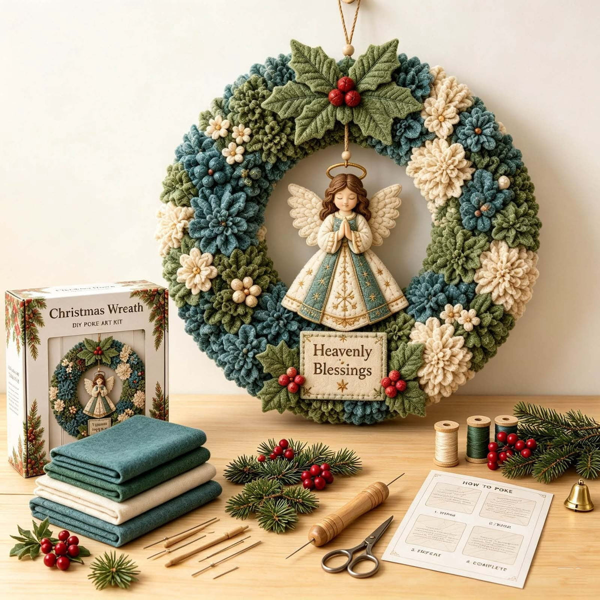 Clearance 3D Christmas Wreath Fabric Poke Art Kit, Jesus Poke Art Kits for Adults, Christmas Wreaths Ornament Making Kit for Front Door