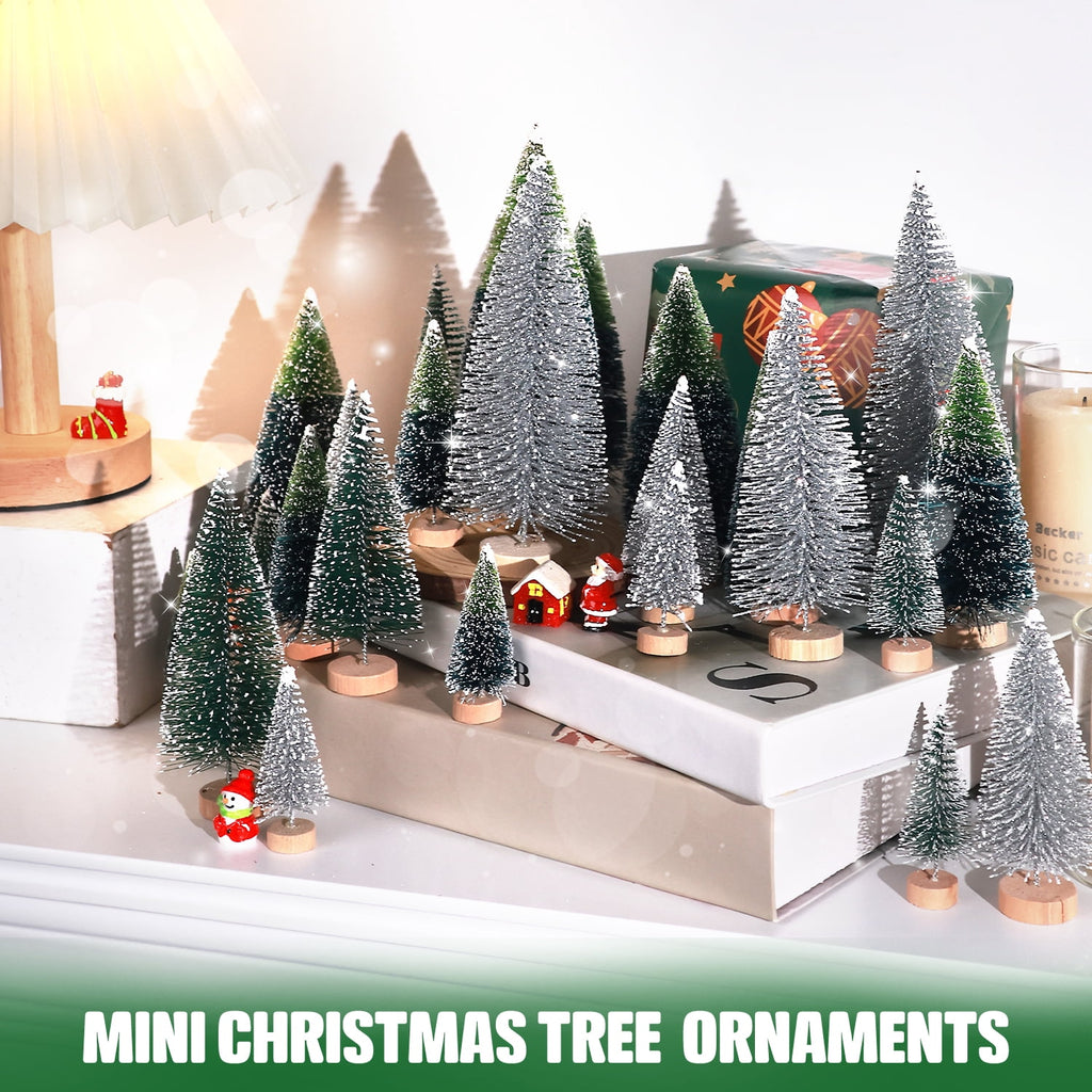 Ayieyill 30PCS Artificial Mini Christmas Trees, Upgrade Sisal Pine Trees with Wood Base Bottle Brush Trees for Christmas Table Top Decor(Green, Gold and Ivory)