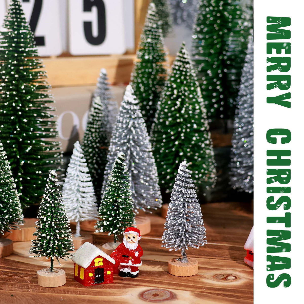 Ayieyill 30PCS Artificial Mini Christmas Trees, Upgrade Sisal Pine Trees with Wood Base Bottle Brush Trees for Christmas Table Top Decor(Green, Gold and Ivory)