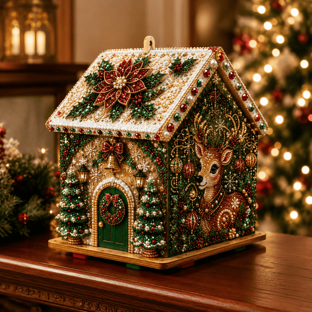 Christmas Pearl Bead Art Kit 3D House Ornament Craft Set For Christmas Tree Tabletop Mantel Shelf And Indoor Winter Holiday Decoration White