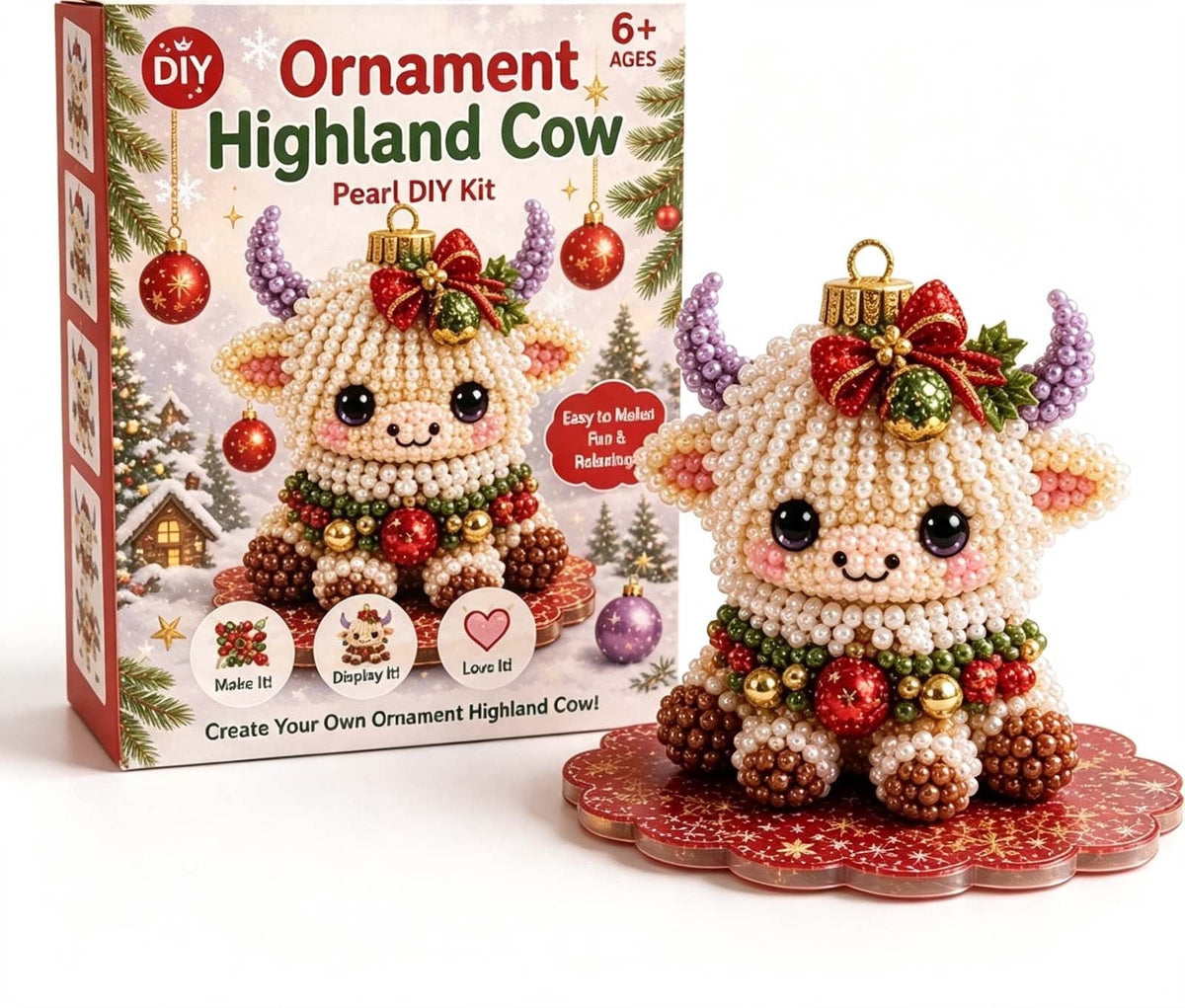 MYUNNIL Christmas Highland Cow 3D Pearl Bead Kit, Small Cute Beginner Friendly Complete Animal Themed Handcraft Set, Fun Whimsical Decorative Ornament for Home Decor & Holiday Gift, ( Xmas Tree )