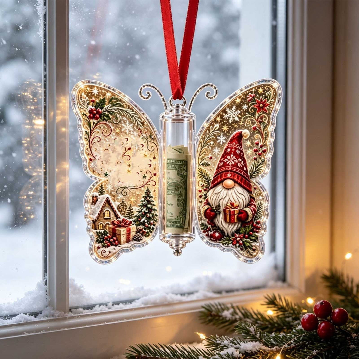 Christmas Cash Gift Stocking Shaped Ornament, Crystal-Clear Cash Holder Ornament with Xmas Stocking Design, Hanging Money Keepsake for Christmas Tree Wreath Garland, Surprise for Family Friends (F)
