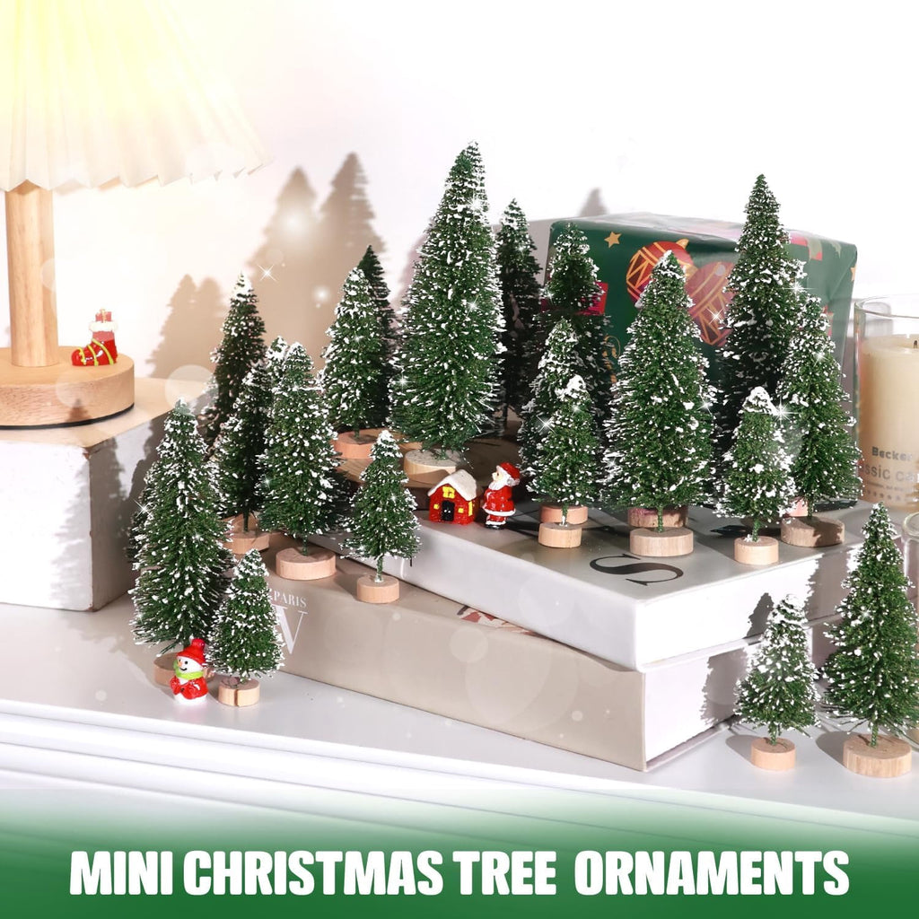 Ayieyill 30PCS Artificial Mini Christmas Trees, Upgrade Sisal Pine Trees with Wood Base Bottle Brush Trees for Christmas Table Top Decor(Green, Gold and Ivory)