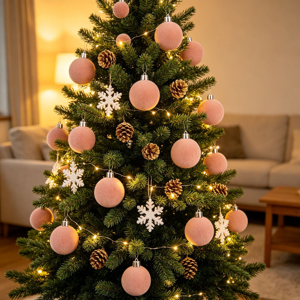 Christmas Ball Ornaments 42 Piece Flocked Gold Tan Velvet Assorted Box Set Tree Hanging Baubles