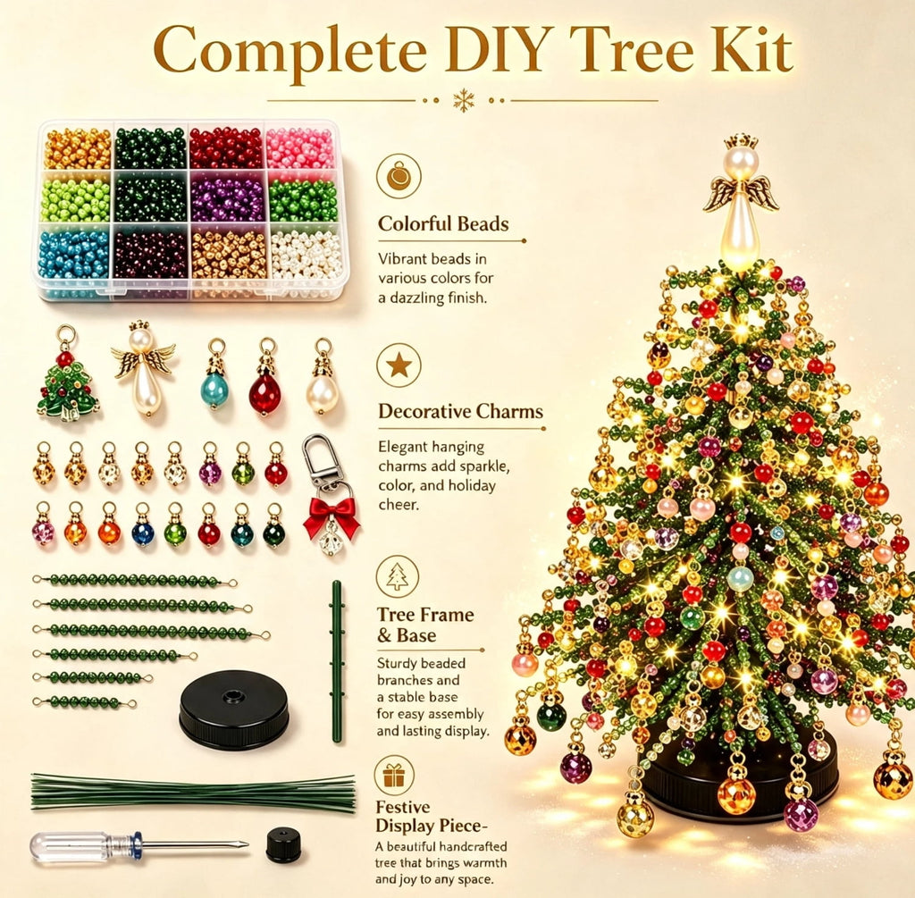 Clearance DIY Beaded Christmas Tree Kit, Crystal Holiday Craft Set for Adults, Colorful Beads, Ornament Charms, Metal Frame, Warm Glow Display, Tabletop Decor, Christmas Gift (Classic)