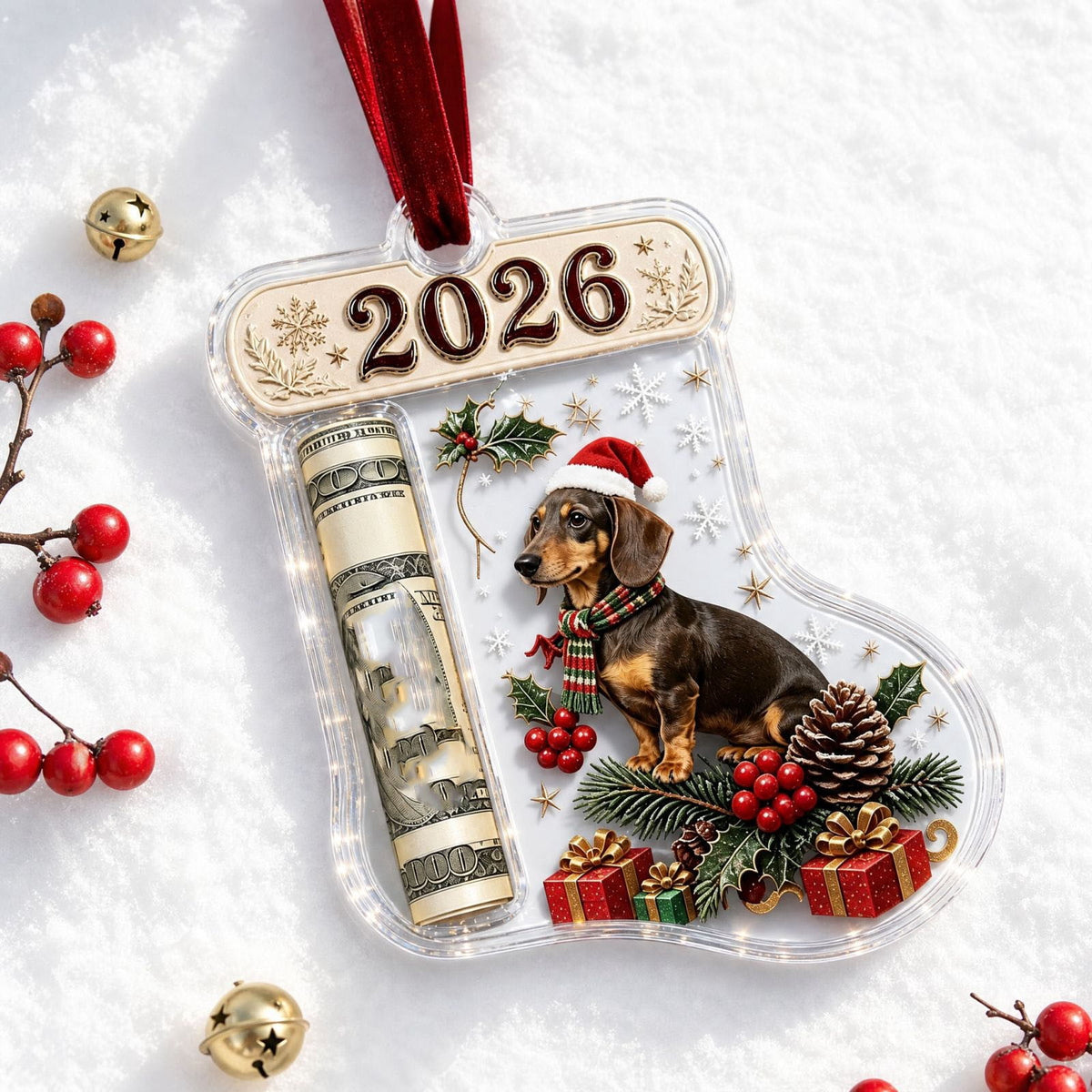 Christmas Cash Gift Stocking Shaped Ornament, Crystal-Clear Cash Holder Ornament with Xmas Stocking Design, Hanging Money Keepsake for Christmas Tree Wreath Garland, Surprise for Family Friends (F)