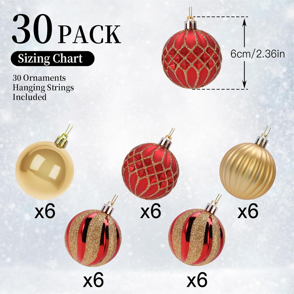 30ct Christmas Ball Ornaments, 2.36 in Shatterproof Xmas Tree Decorations, Plastic Baubles for Holiday, Party, Wedding, or Home Decor, Red & Gold