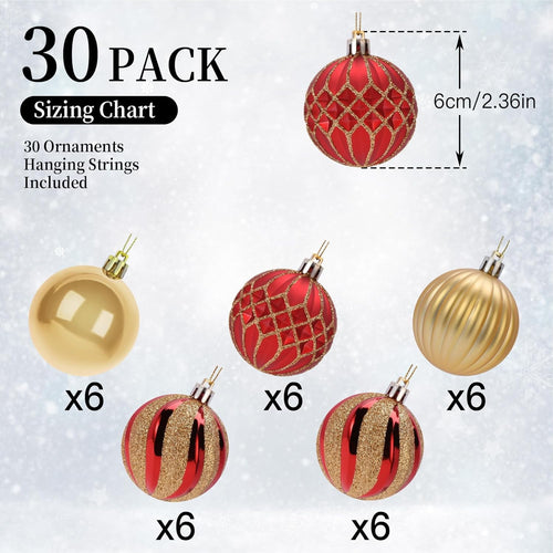 30ct Christmas Ball Ornaments, 2.36 in Shatterproof Xmas Tree Decorations, Plastic Baubles for Holiday, Party, Wedding, or Home Decor, Red & Gold