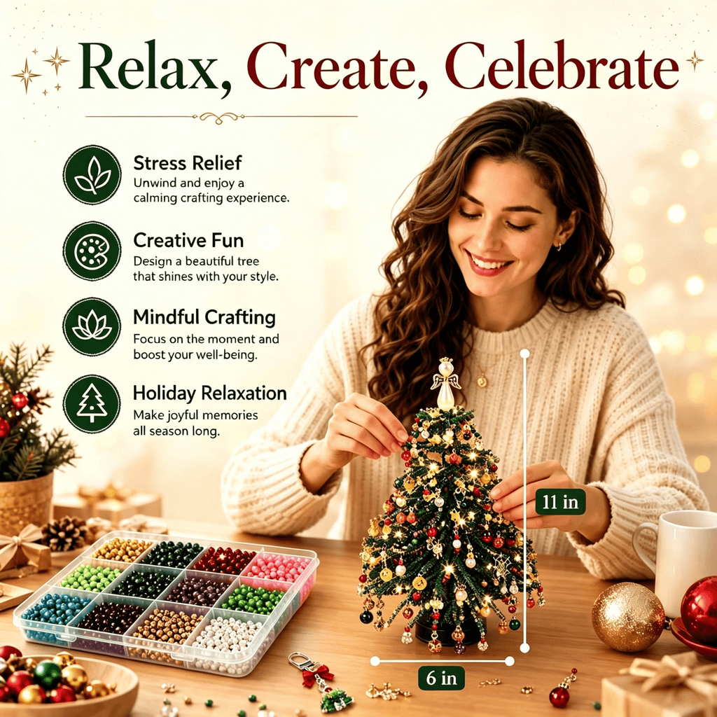 Clearance DIY Beaded Christmas Tree Kit, Crystal Holiday Craft Set for Adults, Colorful Beads, Ornament Charms, Metal Frame, Warm Glow Display, Tabletop Decor, Christmas Gift (Classic)