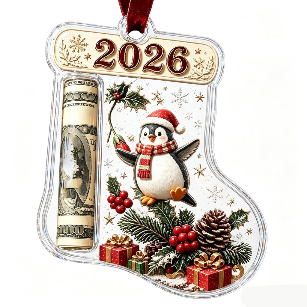 Christmas Cash Gift Stocking Shaped Ornament, Crystal-Clear Cash Holder Ornament with Xmas Stocking Design, Hanging Money Keepsake for Christmas Tree Wreath Garland, Surprise for Family Friends (F)