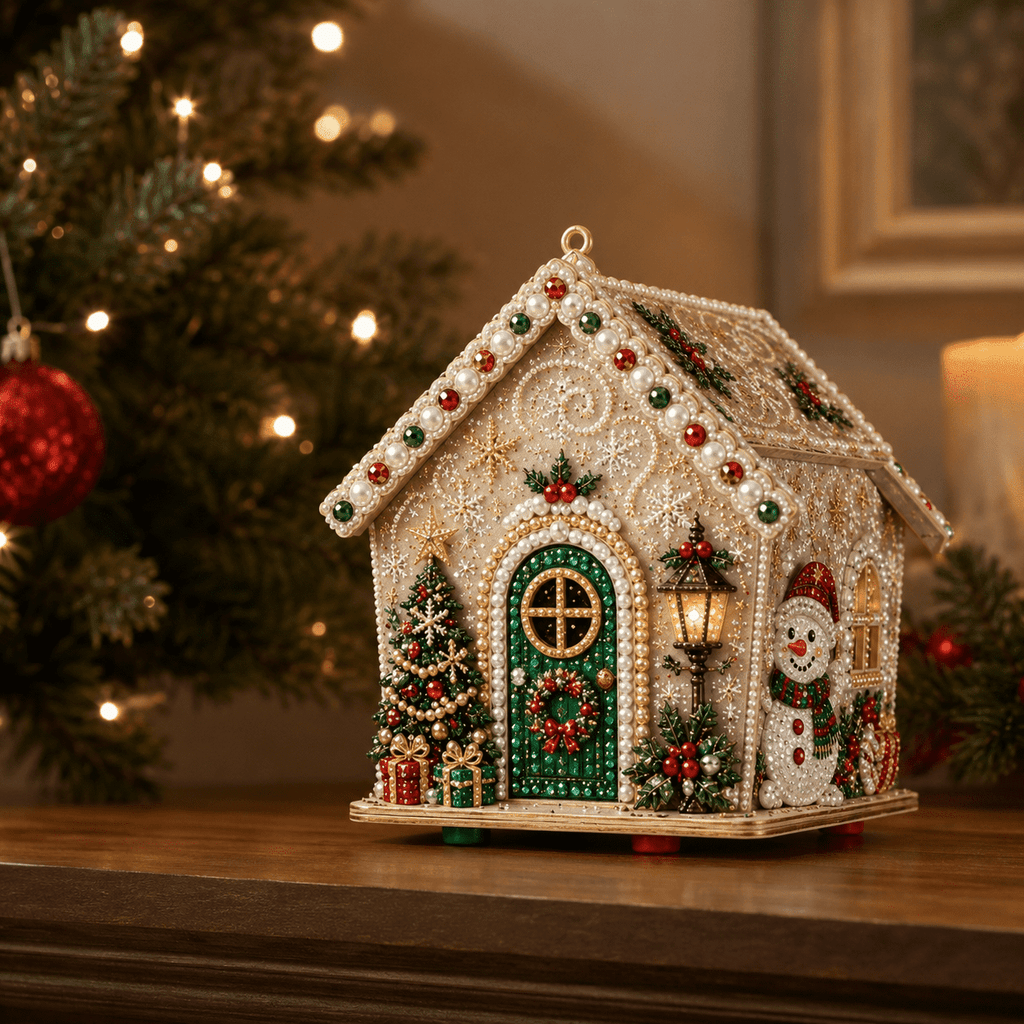 Christmas Pearl Bead Art Kit 3D House Ornament Craft Set For Christmas Tree Tabletop Mantel Shelf And Indoor Winter Holiday Decoration White