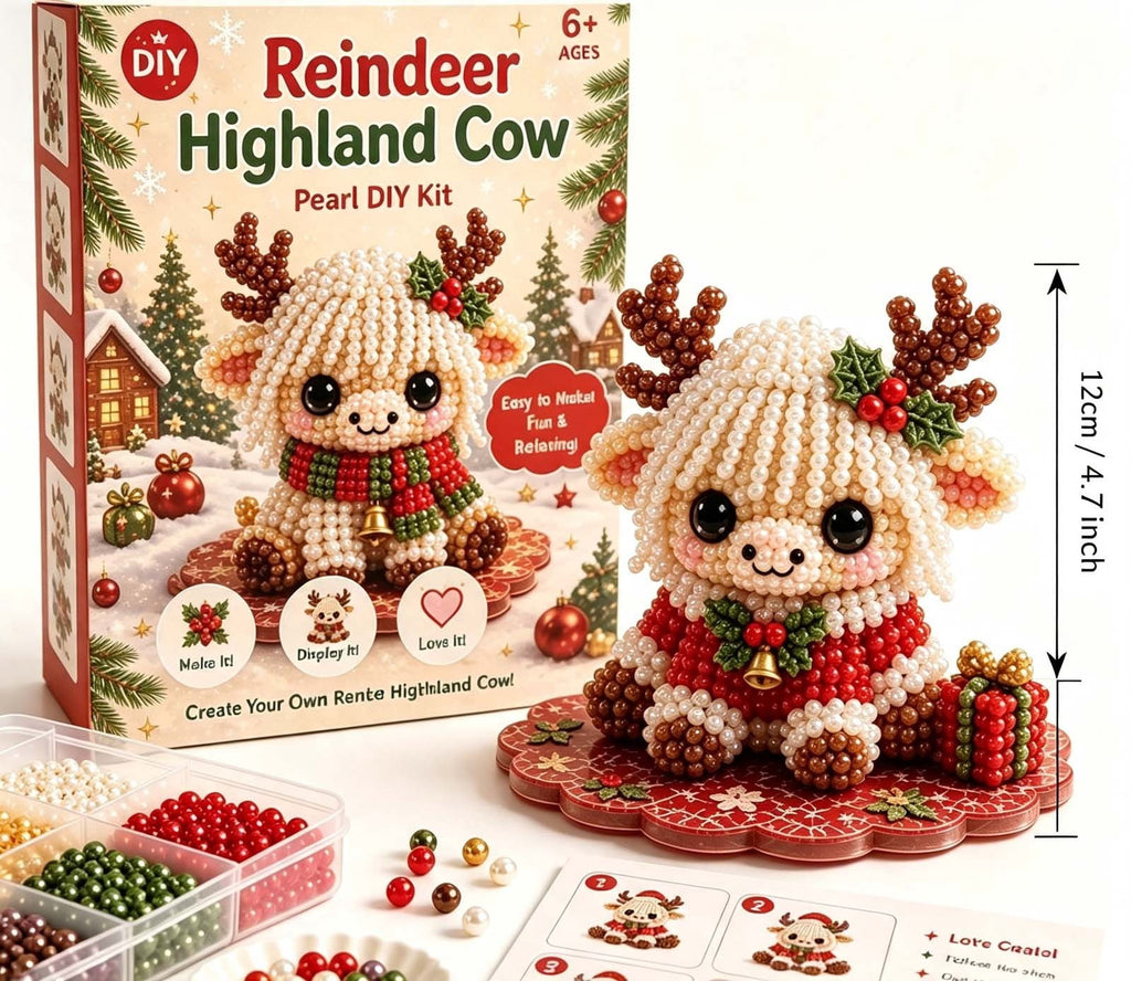 MYUNNIL Christmas Highland Cow 3D Pearl Bead Kit, Small Cute Beginner Friendly Complete Animal Themed Handcraft Set, Fun Whimsical Decorative Ornament for Home Decor & Holiday Gift, ( Xmas Tree )