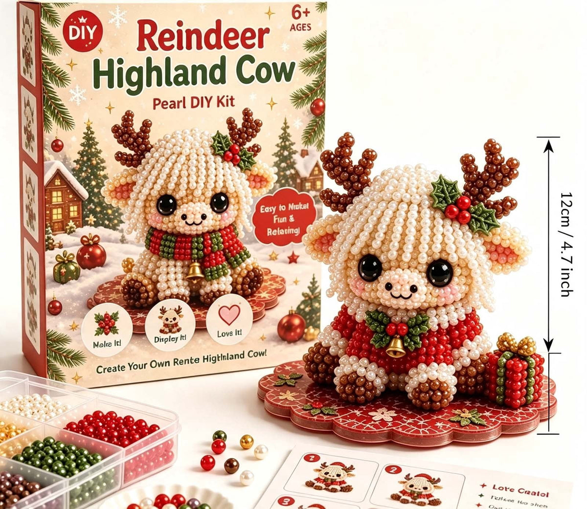 MYUNNIL Christmas Highland Cow 3D Pearl Bead Kit, Small Cute Beginner Friendly Complete Animal Themed Handcraft Set, Fun Whimsical Decorative Ornament for Home Decor & Holiday Gift, ( Xmas Tree )