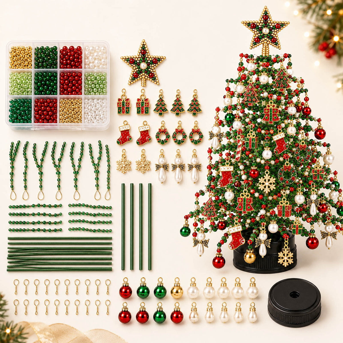 Clearance DIY Beaded Christmas Tree Kit, Crystal Holiday Craft Set for Adults, Colorful Beads, Ornament Charms, Metal Frame, Warm Glow Display, Tabletop Decor, Christmas Gift (Classic)