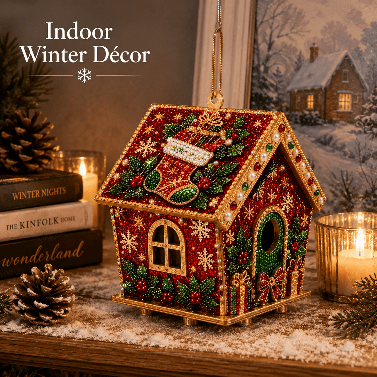 Christmas Pearl Bead Art Kit 3D House Ornament Craft Set For Christmas Tree Tabletop Mantel Shelf And Indoor Winter Holiday Decoration White