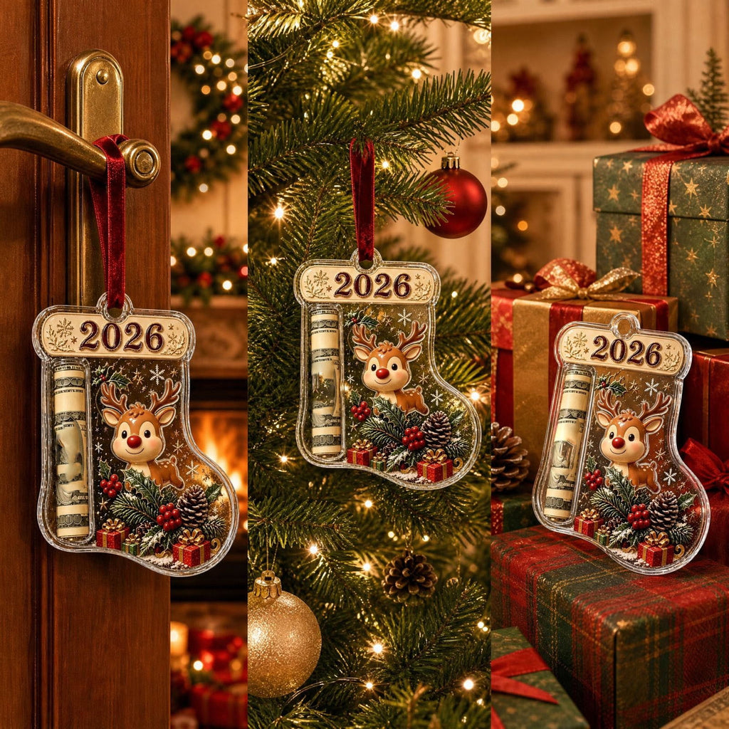 Christmas Cash Gift Stocking Shaped Ornament, Crystal-Clear Cash Holder Ornament with Xmas Stocking Design, Hanging Money Keepsake for Christmas Tree Wreath Garland, Surprise for Family Friends (F)