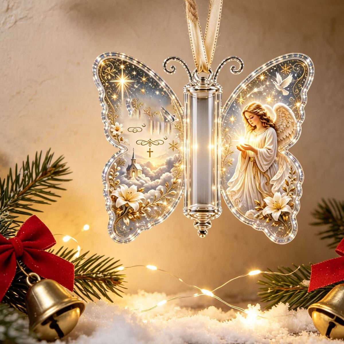 Butterfly Christmas Money Gift Ornament, Angel‑Pattern Acrylic Cash Holder with Clear Compartment, Hanging Xmas Cash Wallet Decor for Christmas Tree, Window, Car, Creative Holiday Present