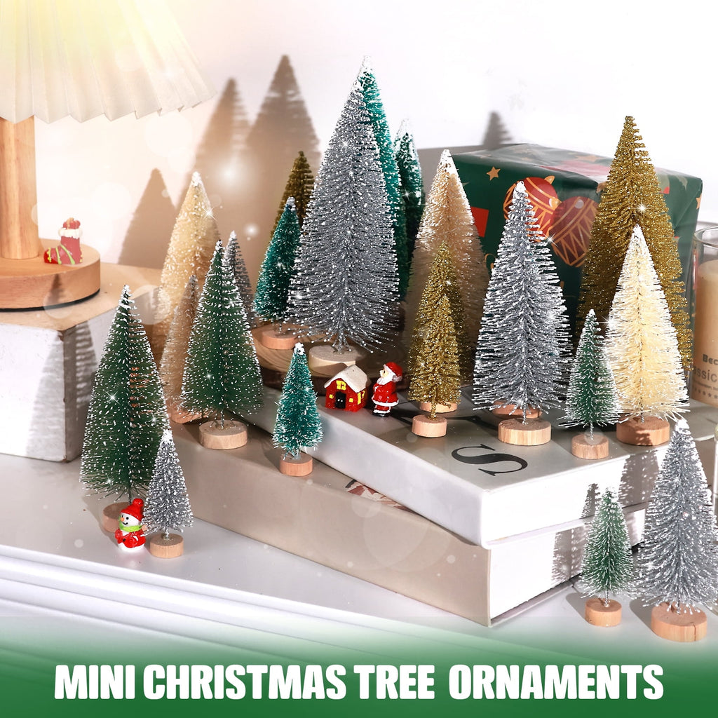 Ayieyill 30PCS Artificial Mini Christmas Trees, Upgrade Sisal Pine Trees with Wood Base Bottle Brush Trees for Christmas Table Top Decor(Green, Gold and Ivory)