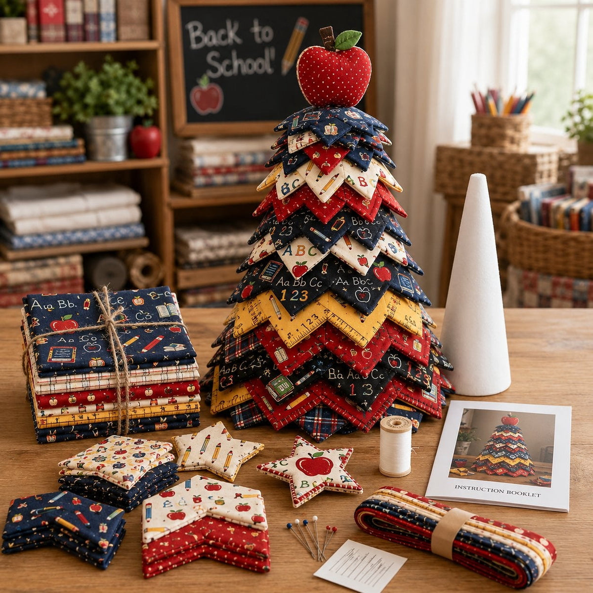 DIY Quilted Christmas Tree Kit Handmade Fabric Tabletop Holiday Decor, Patchwork Craft with Character Topper for Mantel Shelf