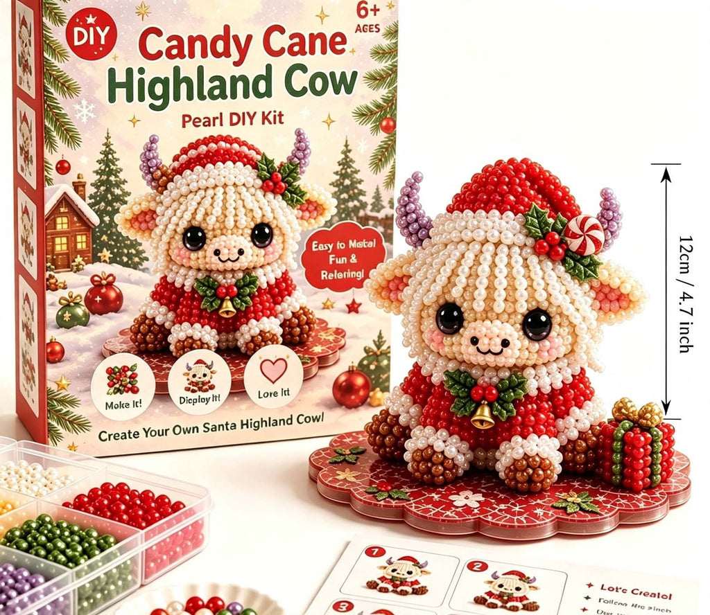 MYUNNIL Christmas Highland Cow 3D Pearl Bead Kit, Small Cute Beginner Friendly Complete Animal Themed Handcraft Set, Fun Whimsical Decorative Ornament for Home Decor & Holiday Gift, ( Xmas Tree )