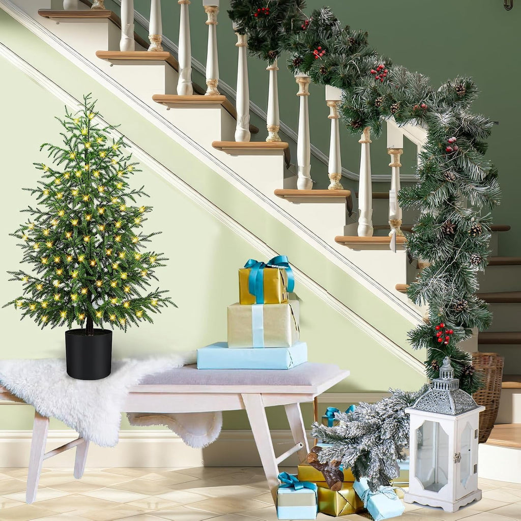 2FT Pre-Lit Artificial Christmas Tree, Lifelike Cypress Potted Xmas Tree with 100 Twinkle LED Lights for Family Fun Indoor Holiday Decor for Indoor