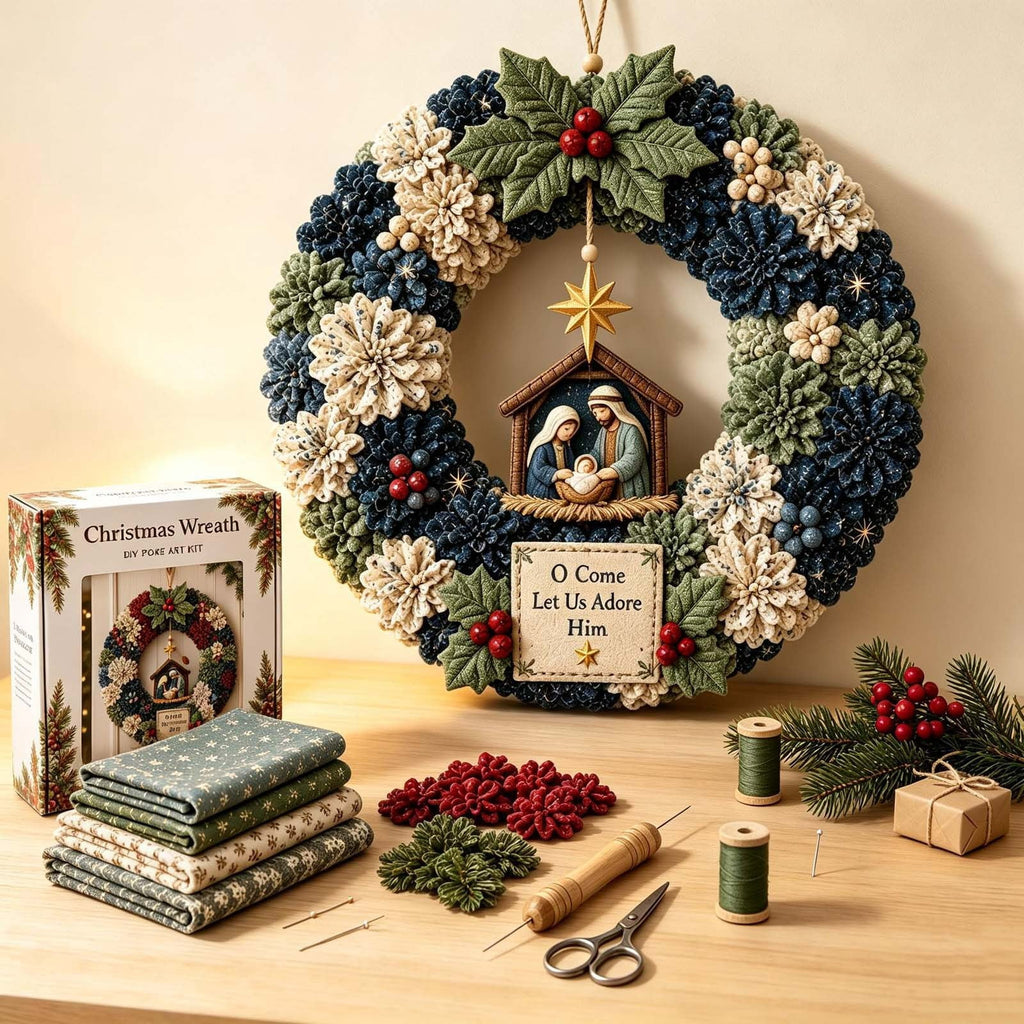 Clearance 3D Christmas Wreath Fabric Poke Art Kit, Jesus Poke Art Kits for Adults, Christmas Wreaths Ornament Making Kit for Front Door
