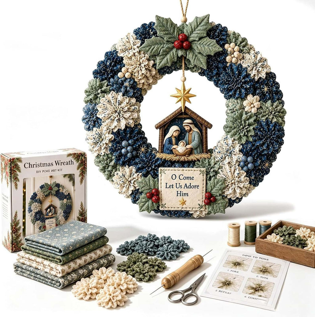 Clearance 3D Christmas Wreath Fabric Poke Art Kit, Jesus Poke Art Kits for Adults, Christmas Wreaths Ornament Making Kit for Front Door