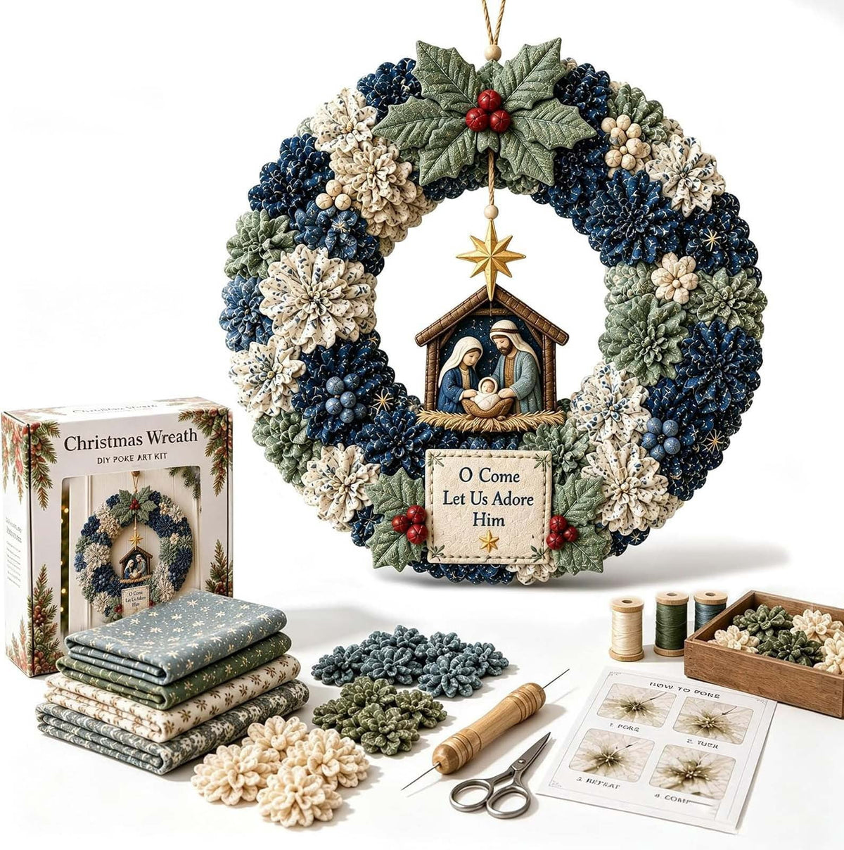 Clearance 3D Christmas Wreath Fabric Poke Art Kit, Jesus Poke Art Kits for Adults, Christmas Wreaths Ornament Making Kit for Front Door