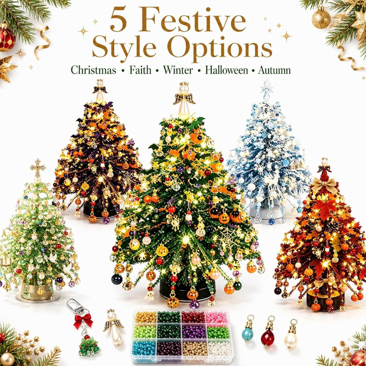 2026 New DIY Beaded Christmas Tree Kit, 3D Crystal Bead and Pearl Craft Set for Adults with Metal Frame, Sparkling Tabletop Christmas Decor, Holiday Gift