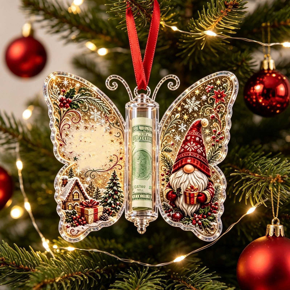 Christmas Cash Gift Stocking Shaped Ornament, Crystal-Clear Cash Holder Ornament with Xmas Stocking Design, Hanging Money Keepsake for Christmas Tree Wreath Garland, Surprise for Family Friends (F)