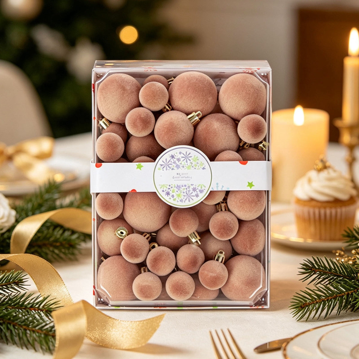 Christmas Ball Ornaments 42 Piece Flocked Gold Tan Velvet Assorted Box Set Tree Hanging Baubles