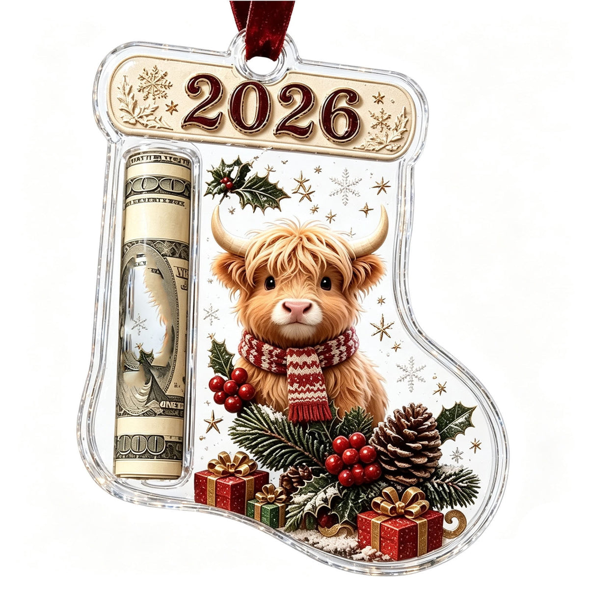 Christmas Cash Gift Stocking Shaped Ornament, Crystal-Clear Cash Holder Ornament with Xmas Stocking Design, Hanging Money Keepsake for Christmas Tree Wreath Garland, Surprise for Family Friends (F)