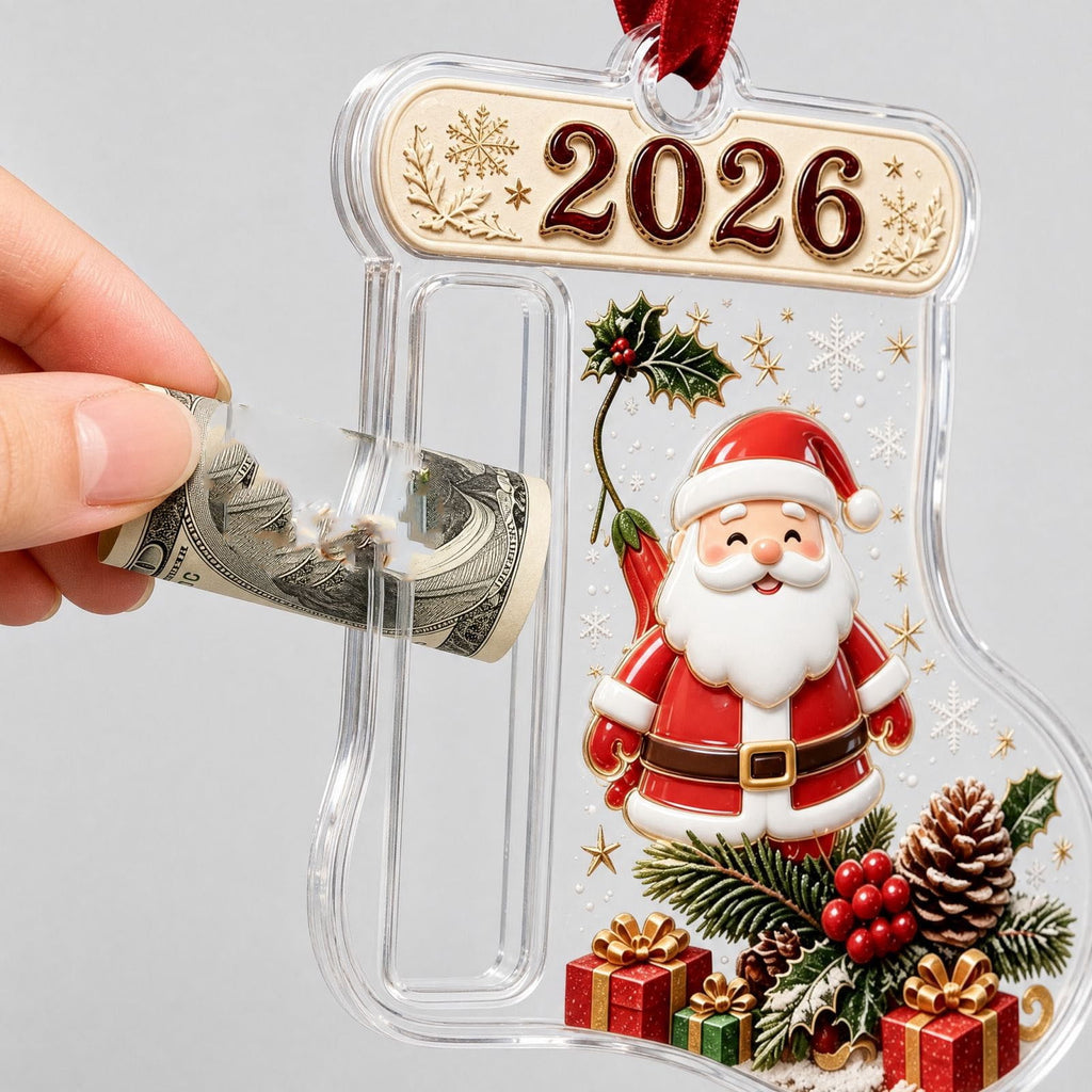 Christmas Cash Gift Stocking Shaped Ornament, Crystal-Clear Cash Holder Ornament with Xmas Stocking Design, Hanging Money Keepsake for Christmas Tree Wreath Garland, Surprise for Family Friends (F)