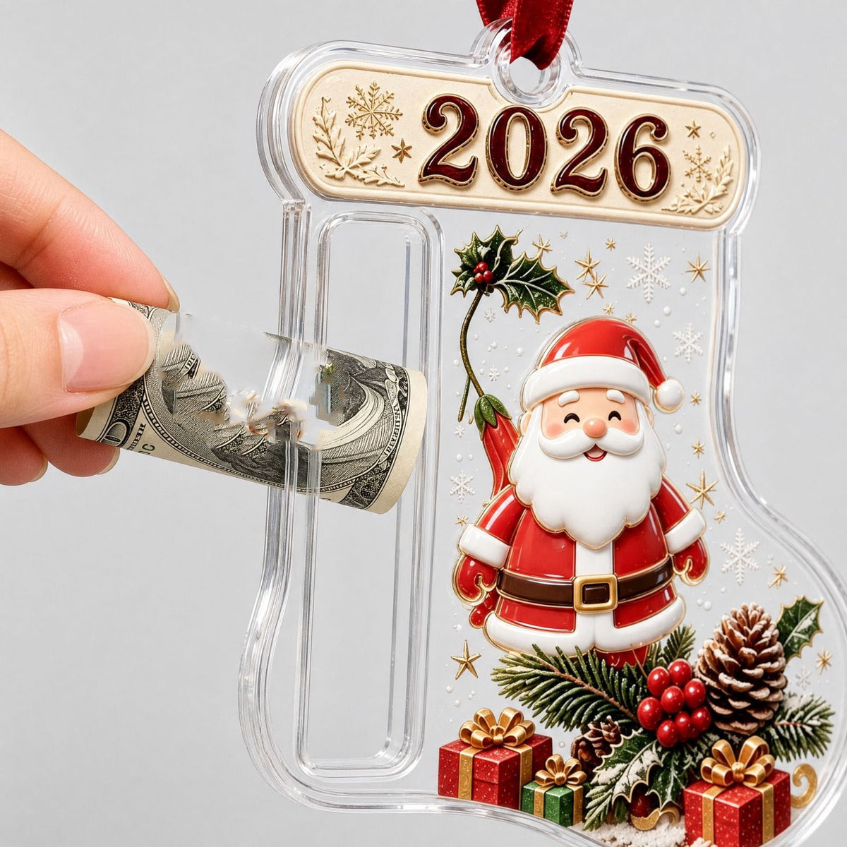Christmas Cash Gift Stocking Shaped Ornament, Crystal-Clear Cash Holder Ornament with Xmas Stocking Design, Hanging Money Keepsake for Christmas Tree Wreath Garland, Surprise for Family Friends (F)
