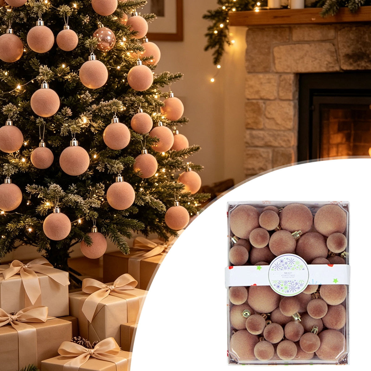 Christmas Ball Ornaments 42 Piece Flocked Gold Tan Velvet Assorted Box Set Tree Hanging Baubles