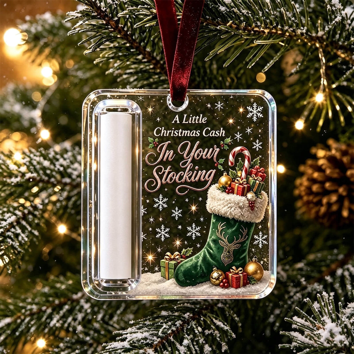 Christmas Cash Gift Stocking Shaped Ornament, Crystal-Clear Cash Holder Ornament with Xmas Stocking Design, Hanging Money Keepsake for Christmas Tree Wreath Garland, Surprise for Family Friends (F)