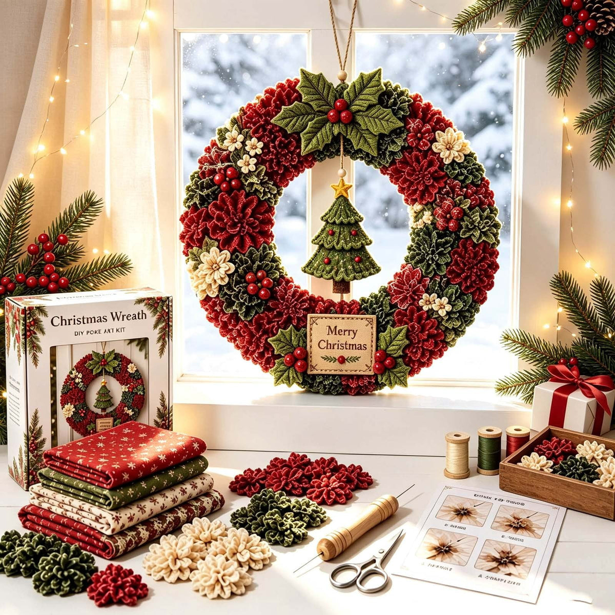 Clearance 3D Christmas Wreath Fabric Poke Art Kit, Jesus Poke Art Kits for Adults, Christmas Wreaths Ornament Making Kit for Front Door